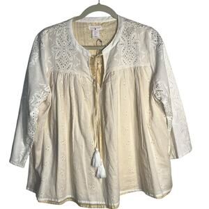 Shabby Chic Embroidered Eyelet Peasant Blouse Cotton Tassel Tie Cream White Med